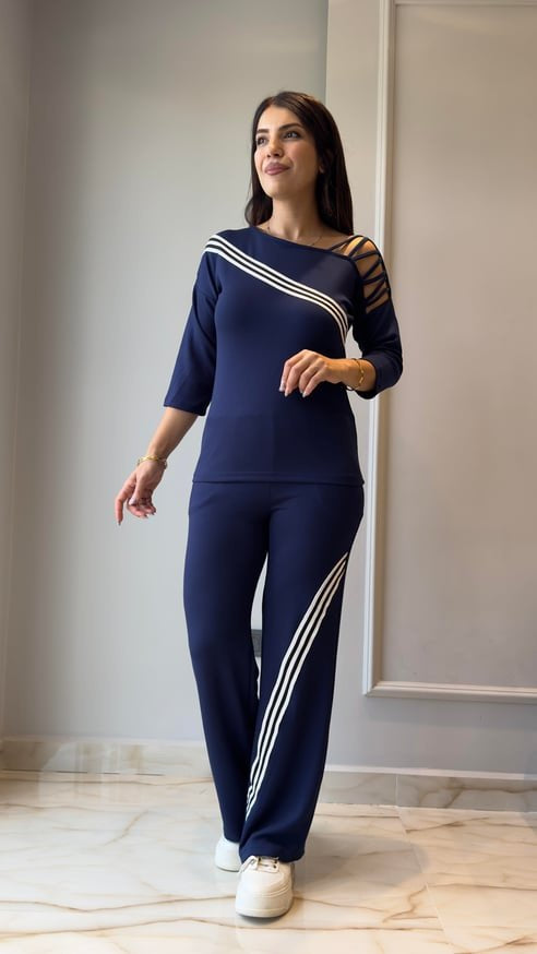 Kadın Uzun Kollu Truvakar Kol Tek Omuz çapraz şerit Detaylı Ribanalı Viskon Iki Iplik Bluz Ve Pantolon Ikili Takım , 29199