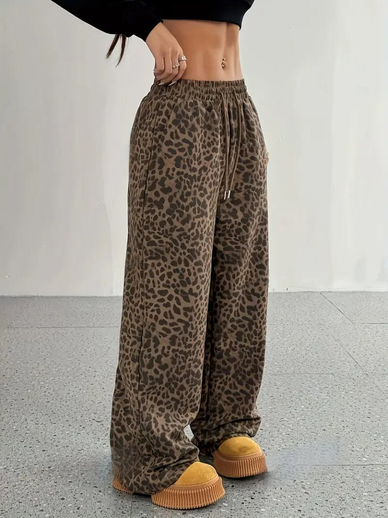 Pantaloni damă cu două fire, croi larg, elastic și șnur, talie înaltă, 34809