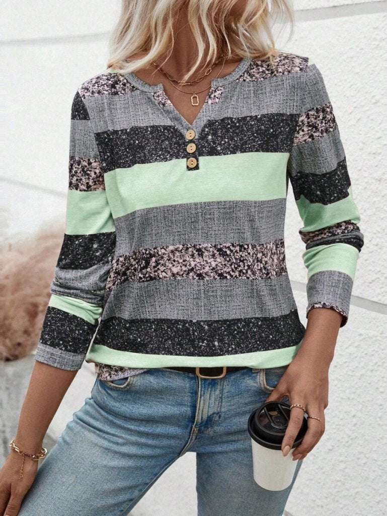 Women's Long Sleeve Button-Up Striped Patterned Supreme Blouse, 30797