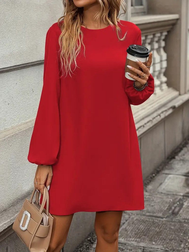 Rochie mini din crep importat, cu mânecă lungă și decolteu rotund, pentru femei, 30376