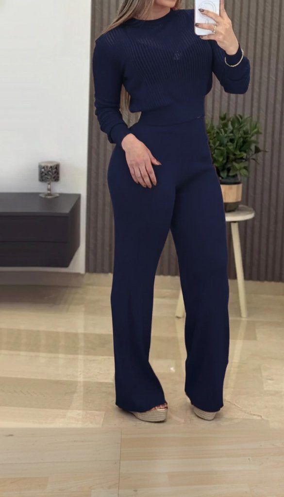 Women's Long-Sleeved Round Neck Sheer Detail Knit Blouse And Pants Two-Piece Set, 31661