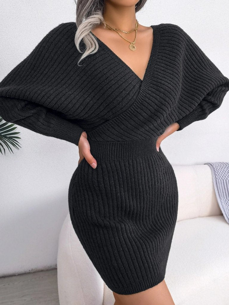 Rochie mini tricotată pentru femei, cu mânecă lungă, înfășurată în jurul gâtului și decolteu larg, 30303