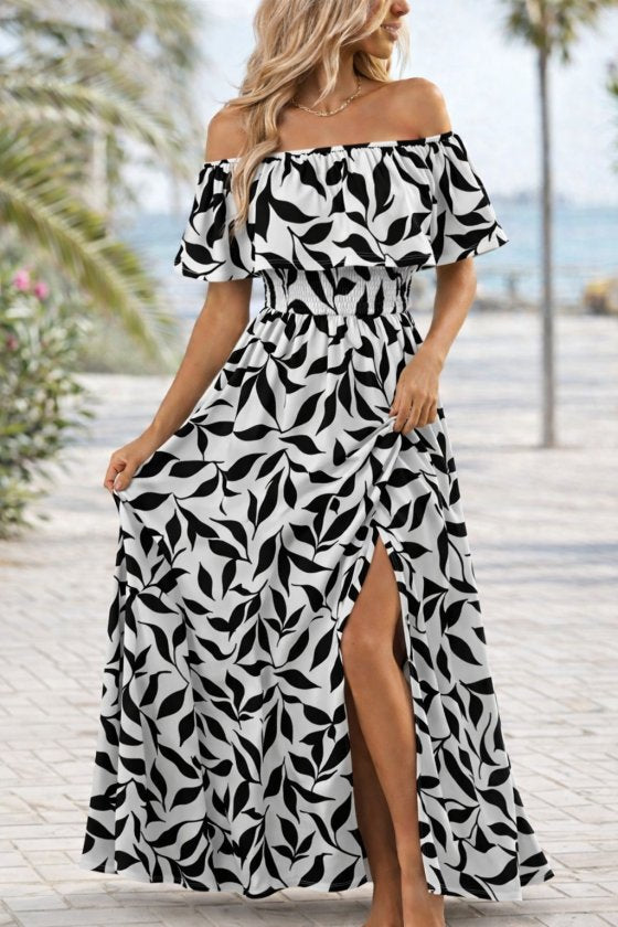 Women's Madonna Neck Ruched Split Long Patterned Suprema Dress, 32869