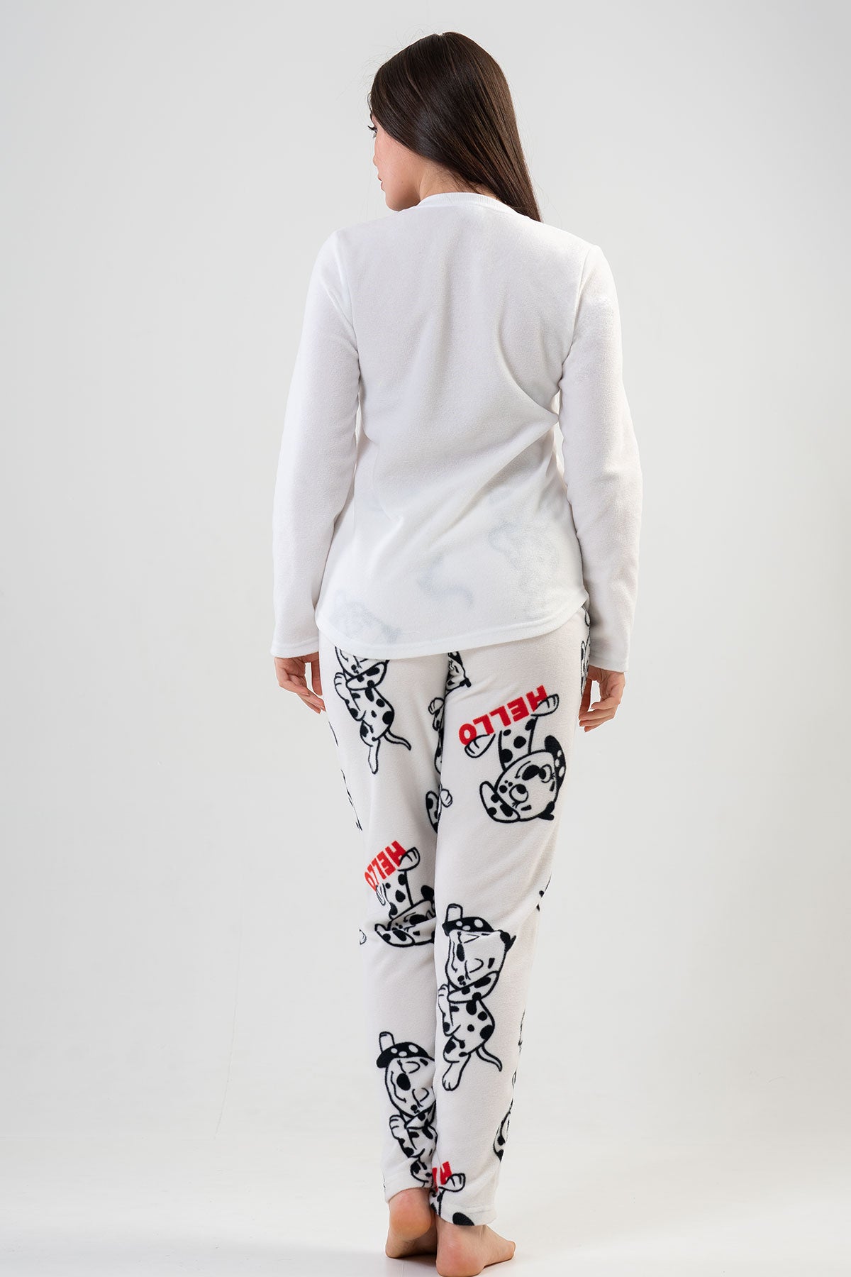 Pijama de damă din fleece cu guler rotund, mânecă lungă, tiv oval și buzunare - ALB IMACULAT