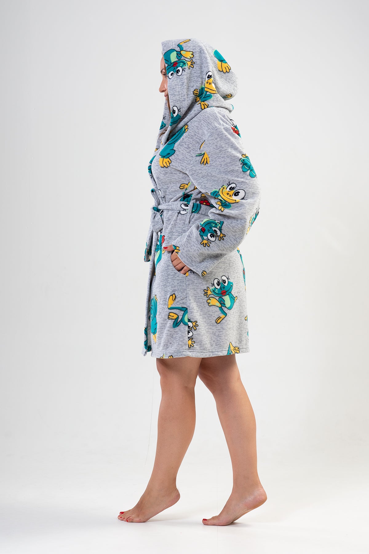 Kadın Polar Xxl Kapşonlu Cepli Kısa Sabahlık - Gray Melange