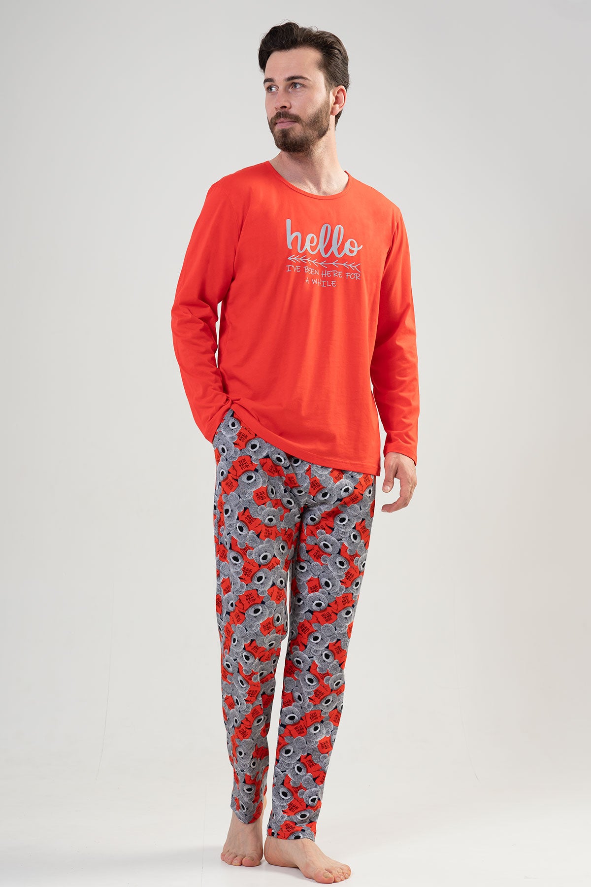 Set de pijama pentru bărbați, cu mânecă lungă și buzunar, gât rotund, P.SUPREM - ROȘU