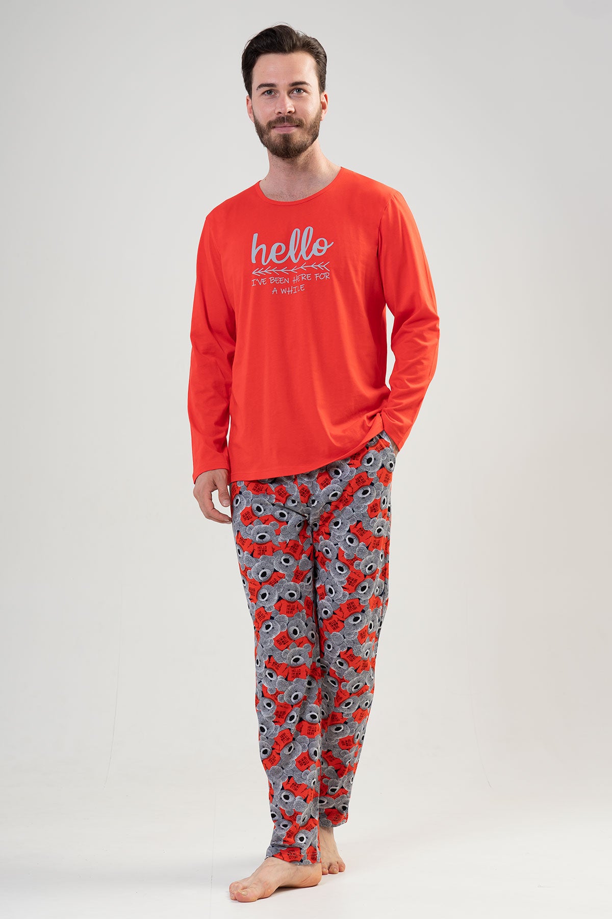 Set de pijama pentru bărbați, cu mânecă lungă și buzunar, gât rotund, P.SUPREM - ROȘU