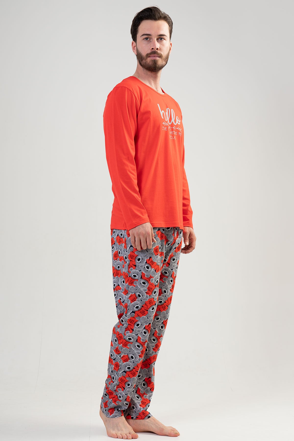 Set de pijama pentru bărbați, cu mânecă lungă și buzunar, gât rotund, P.SUPREM - ROȘU