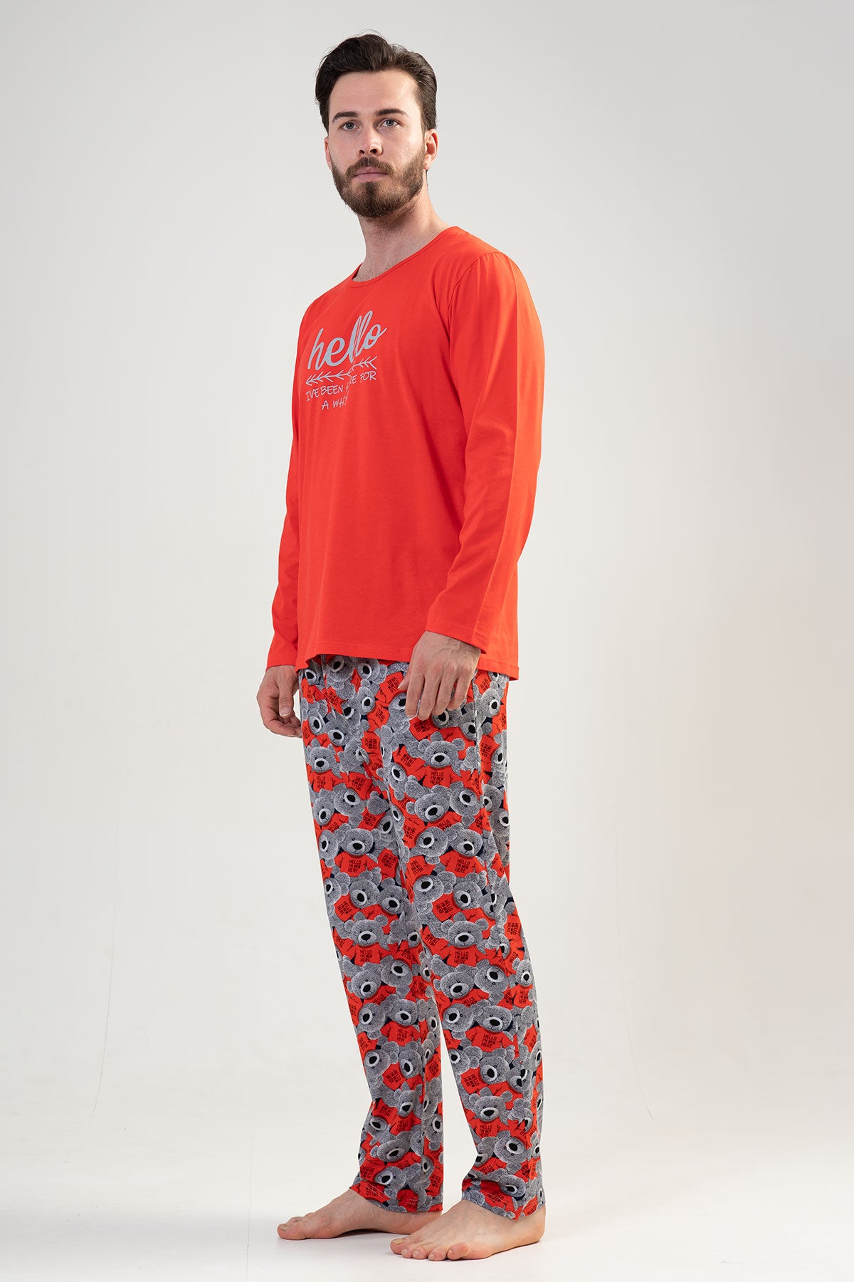 Set de pijama pentru bărbați, cu mânecă lungă și buzunar, gât rotund, P.SUPREM - ROȘU