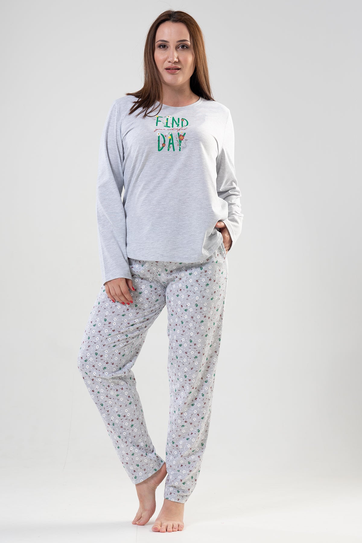 SET PIJAMA DE DAMĂ P.SUPREM XXL, CU MÂNECĂ LUNGĂ, GULER ROTUND, CU BUZUNARE OVALE ȘI TIV ROTUND - GRI MELANGE