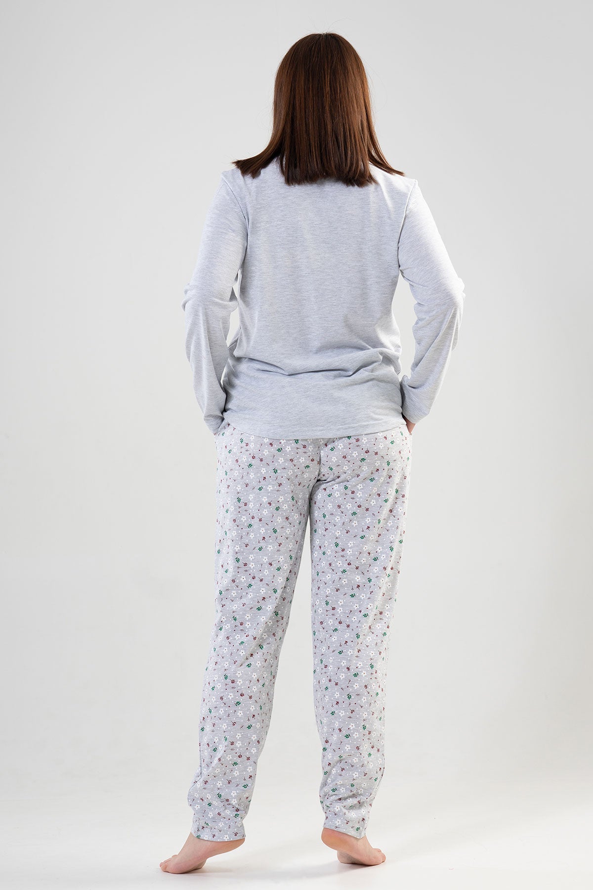 SET PIJAMA DE DAMĂ P.SUPREM XXL, CU MÂNECĂ LUNGĂ, GULER ROTUND, CU BUZUNARE OVALE ȘI TIV ROTUND - GRI MELANGE