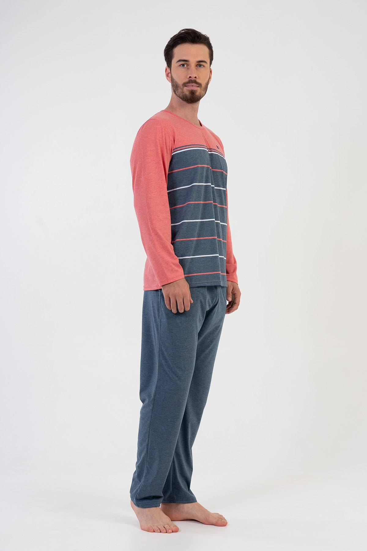 COSTUM DE PIJAMA BĂRBAȚI CU BUZUNARE P.SUPREM XXL GÂT ROTUND MÂNECĂ LUNGĂ - CORAL