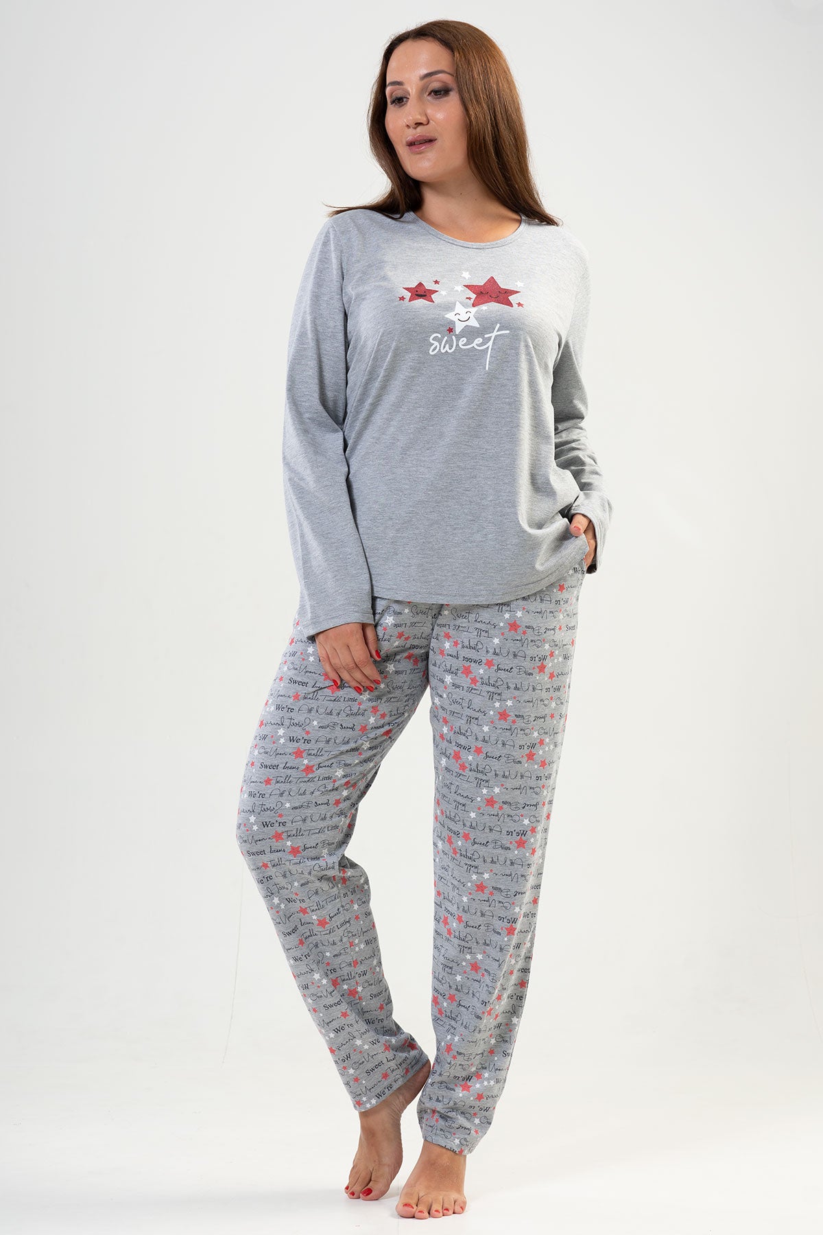 Pijama damă P.SUPREM XXL, guler rotund, mânecă lungă, tiv oval, cu buzunare - Gri melanj