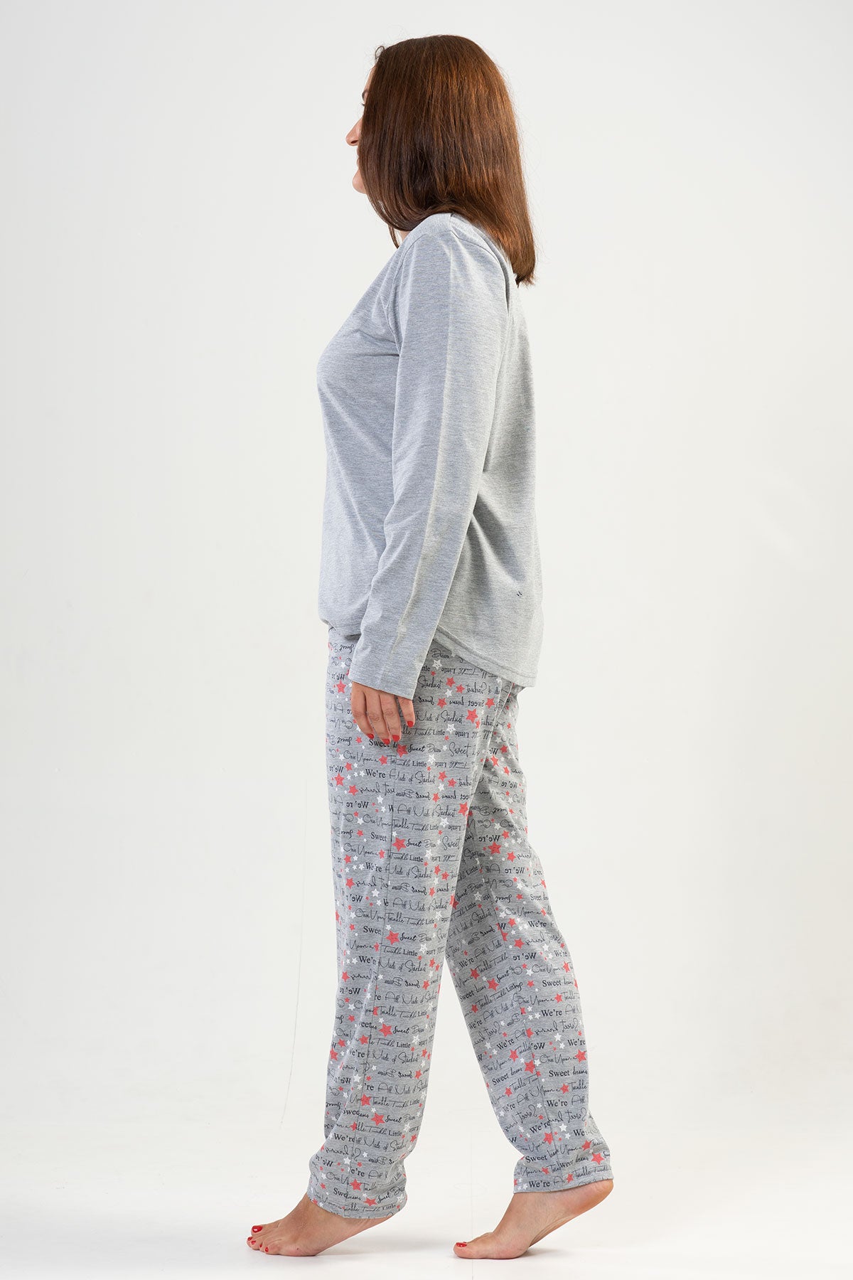 Pijama damă P.SUPREM XXL, guler rotund, mânecă lungă, tiv oval, cu buzunare - Gri melanj