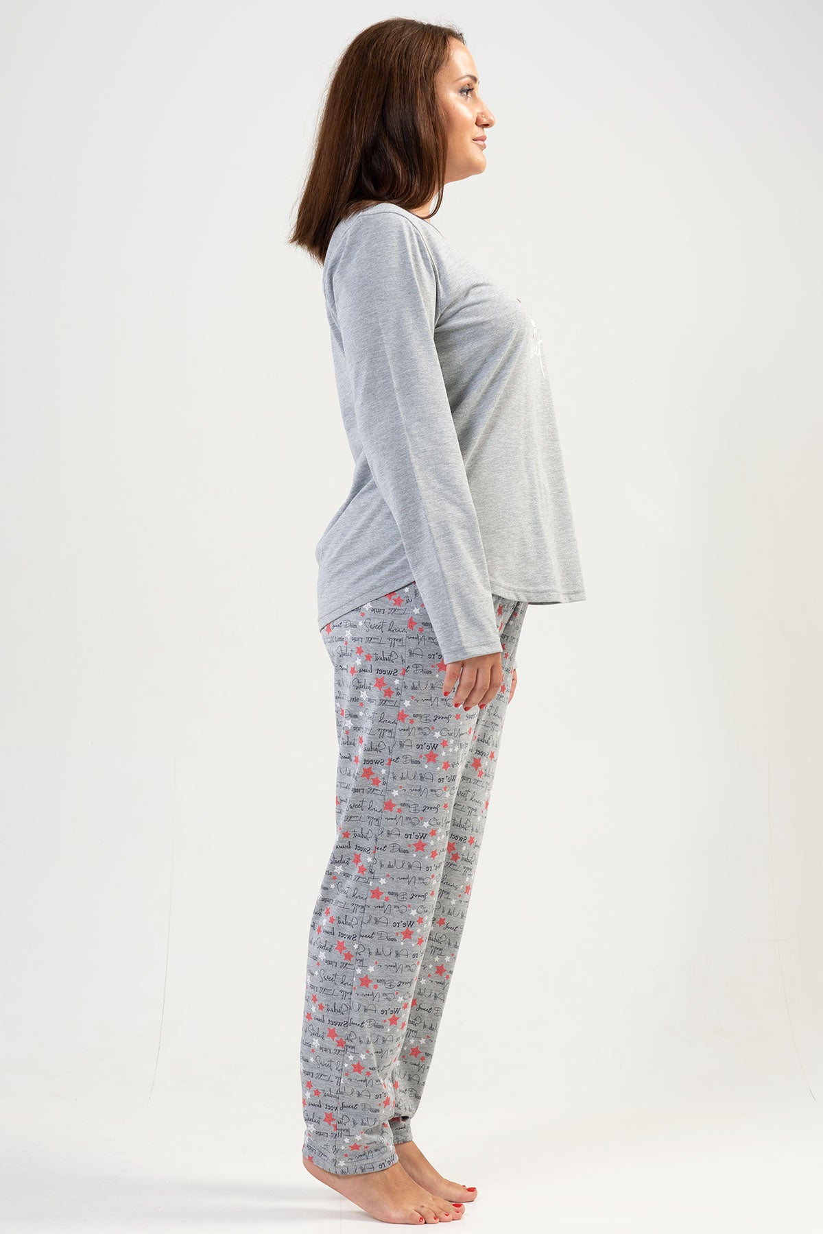 Pijama damă P.SUPREM XXL, guler rotund, mânecă lungă, tiv oval, cu buzunare - Gri melanj