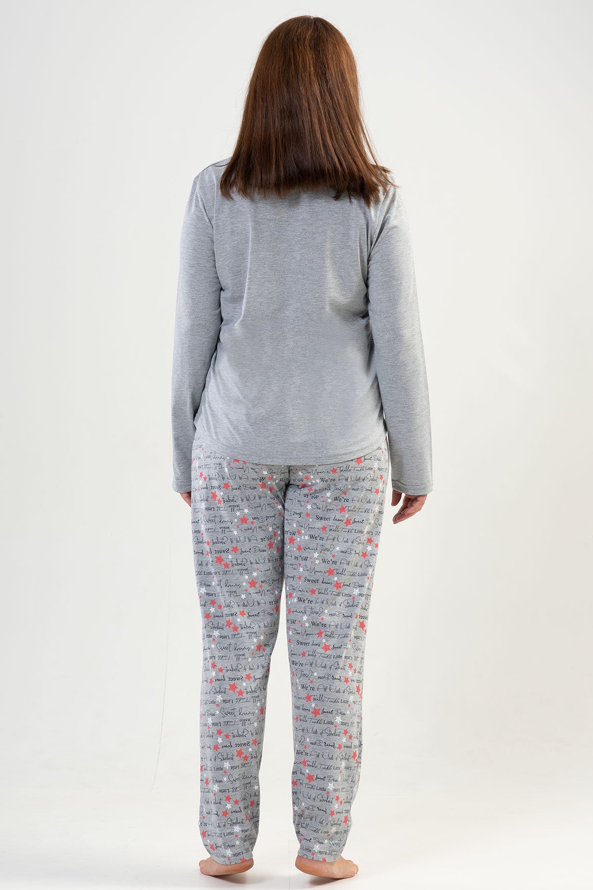Pijama damă P.SUPREM XXL, guler rotund, mânecă lungă, tiv oval, cu buzunare - Gri melanj