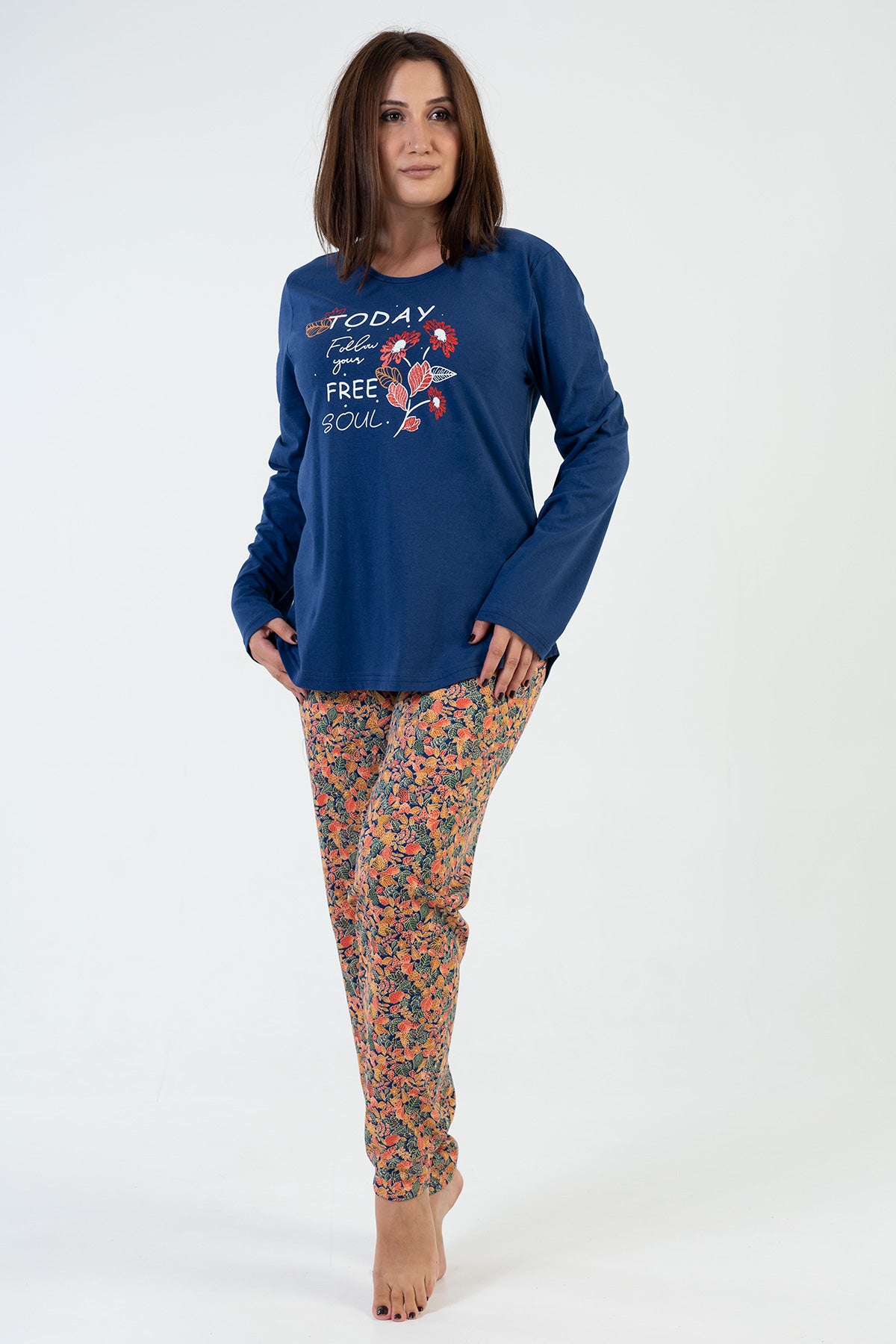 FEMEIE P.SUPREM XXL Guler ROTUND Mânecă LUNGĂ Pijama Cu TIV OVAL - 1193INDIGO