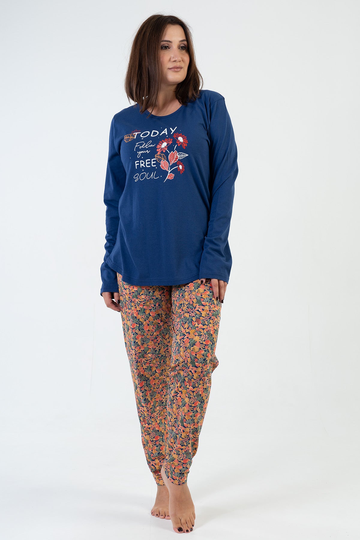 FEMEIE P.SUPREM XXL Guler ROTUND Mânecă LUNGĂ Pijama Cu TIV OVAL - 1193INDIGO
