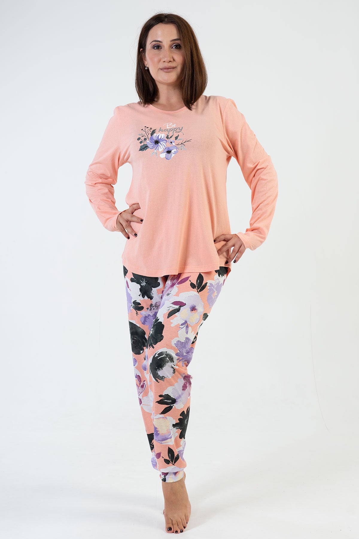 Kadın Penye Süprem Xxl O Yaka Uzun Kol Eteği Oval Pijama Takım - Baby Pınk