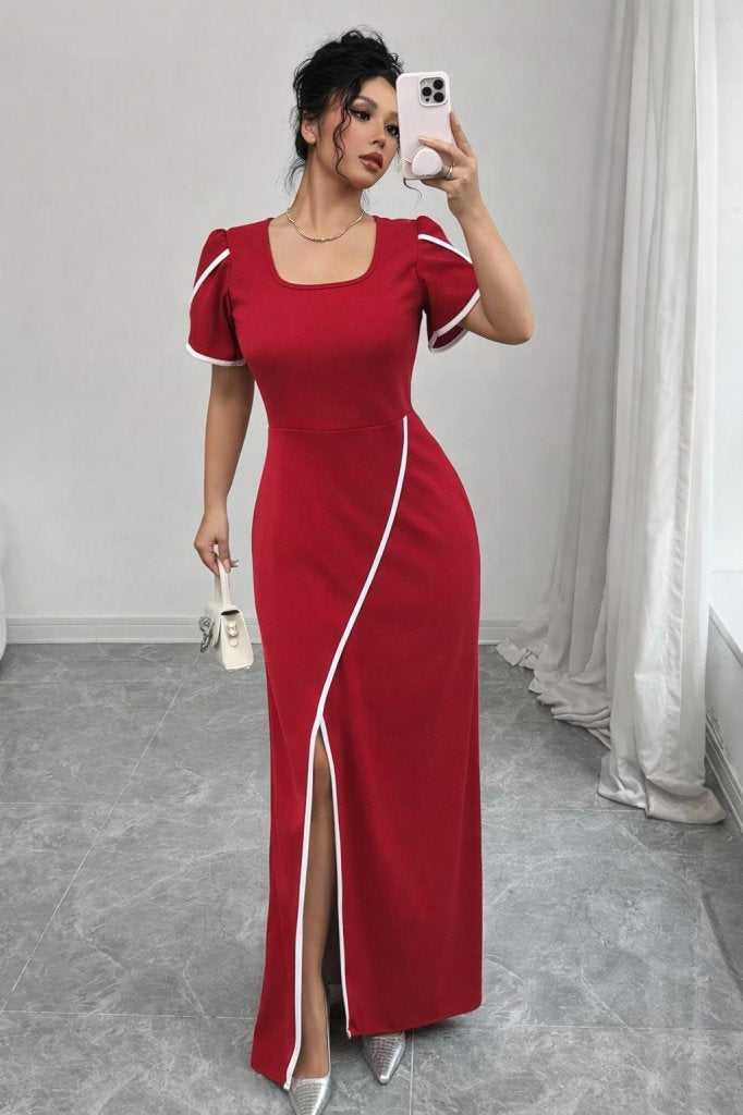 Rochie de damă din crep cu mânecă scurtă și decolteu pătrat, cu decupaj încrucișat în față, 31403