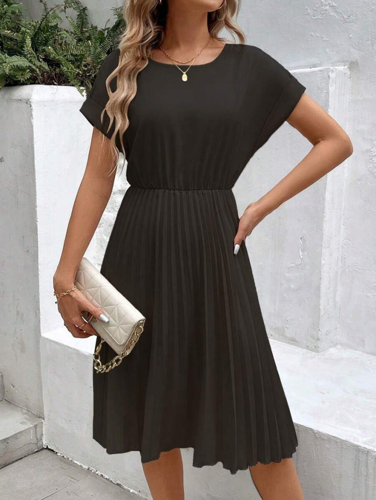 Rochie scurtă din crep importat, cu mânecă scurtă, decolteu deschis, talie elastică, plisată, pentru femei, 31206