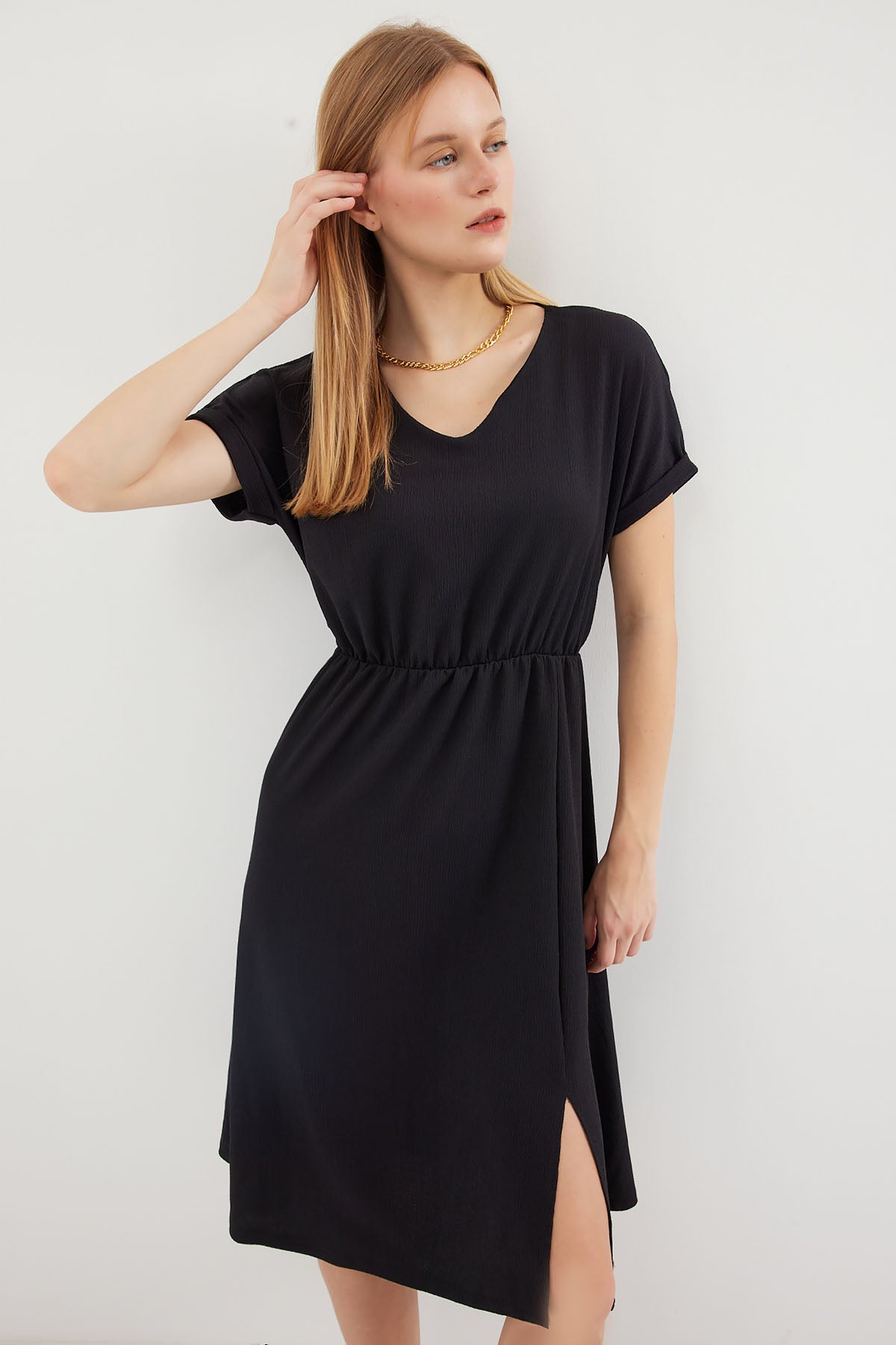 2378 Rochie Tricot Guler V Pense - Negru