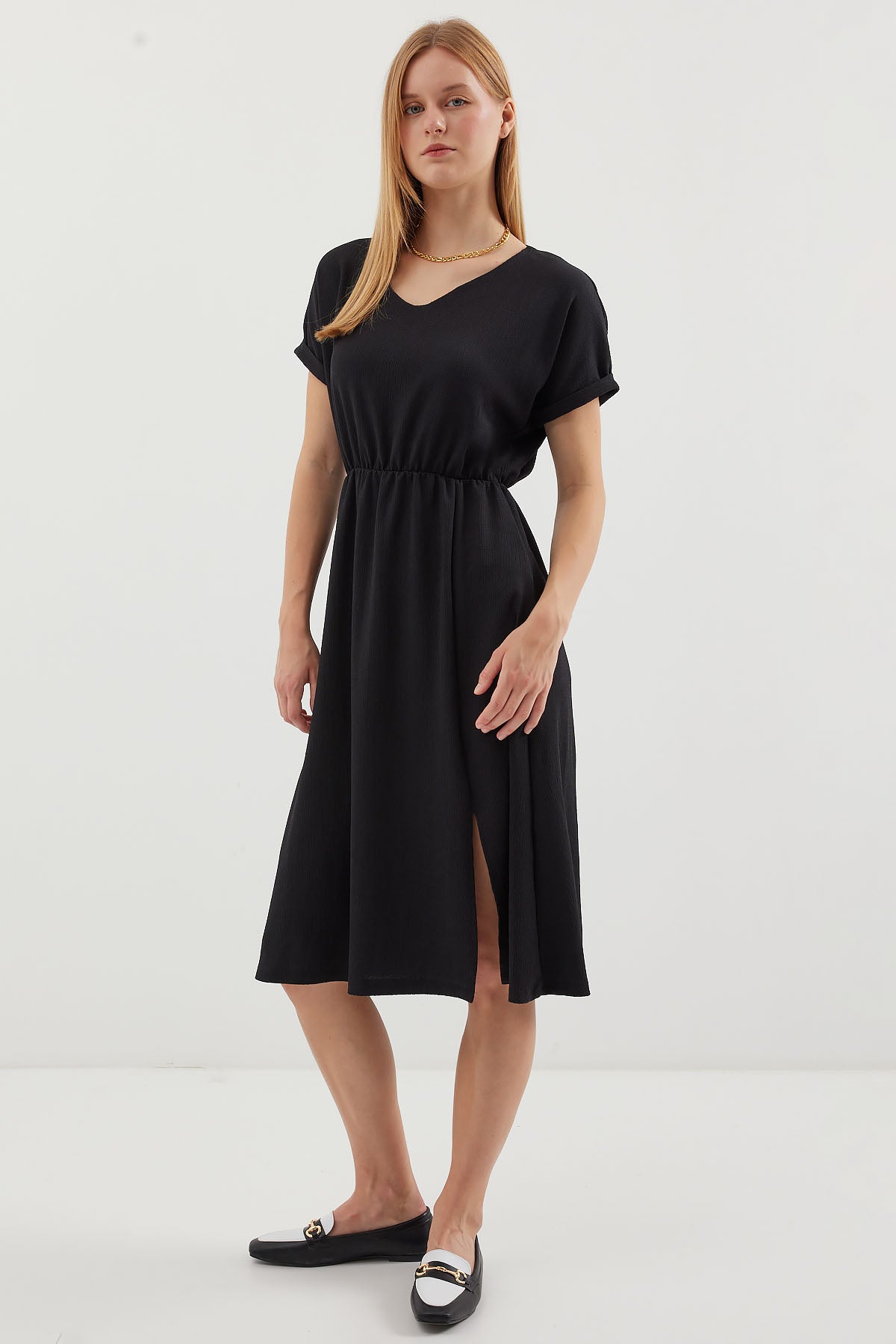 2378 Rochie Tricot Guler V Pense - Negru