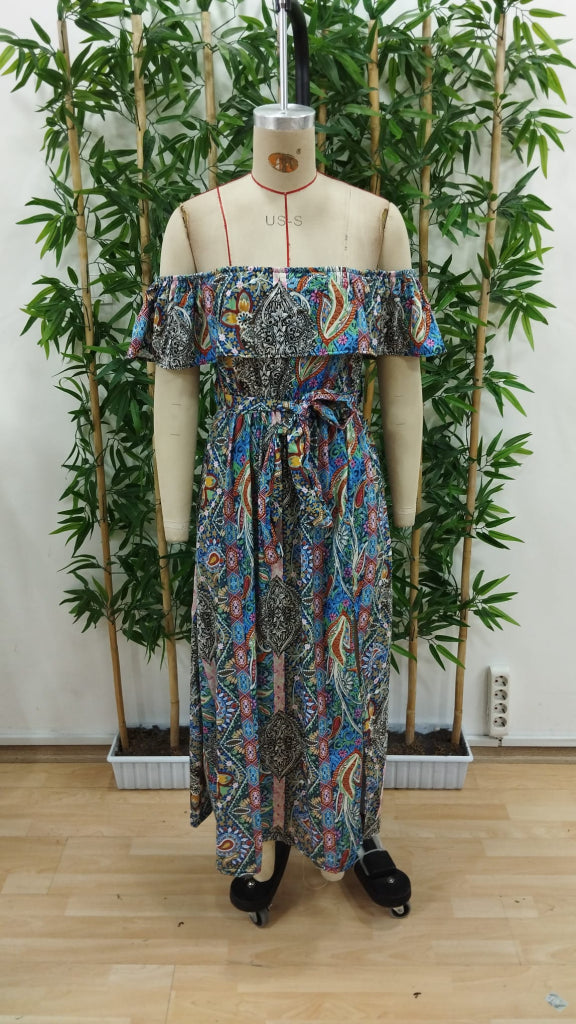 Women's Short Sleeve Madonna Neck Ruffled Waist Slit Maxi Supreme Dress, 34685