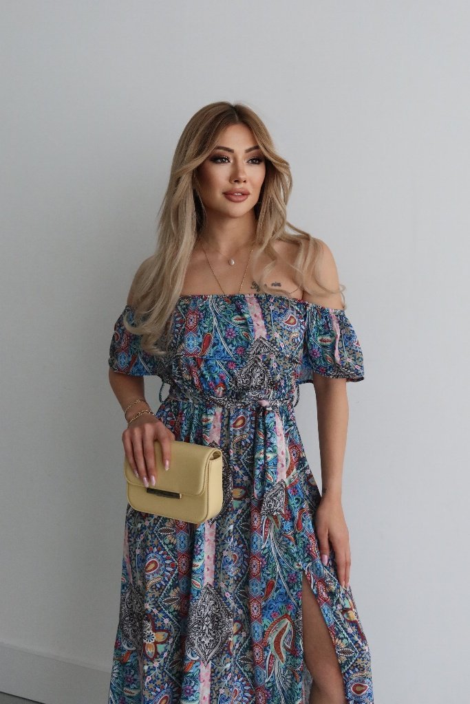 Women's Short Sleeve Madonna Neck Ruffled Waist Slit Maxi Supreme Dress, 34685