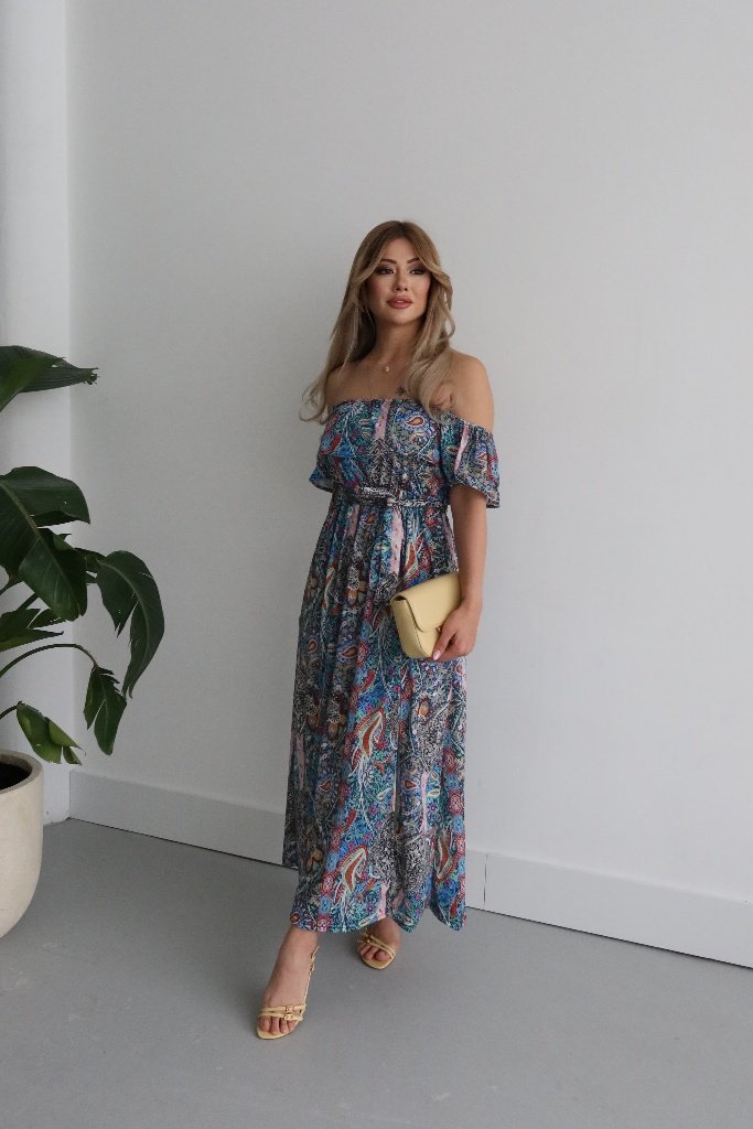 Women's Short Sleeve Madonna Neck Ruffled Waist Slit Maxi Supreme Dress, 34685