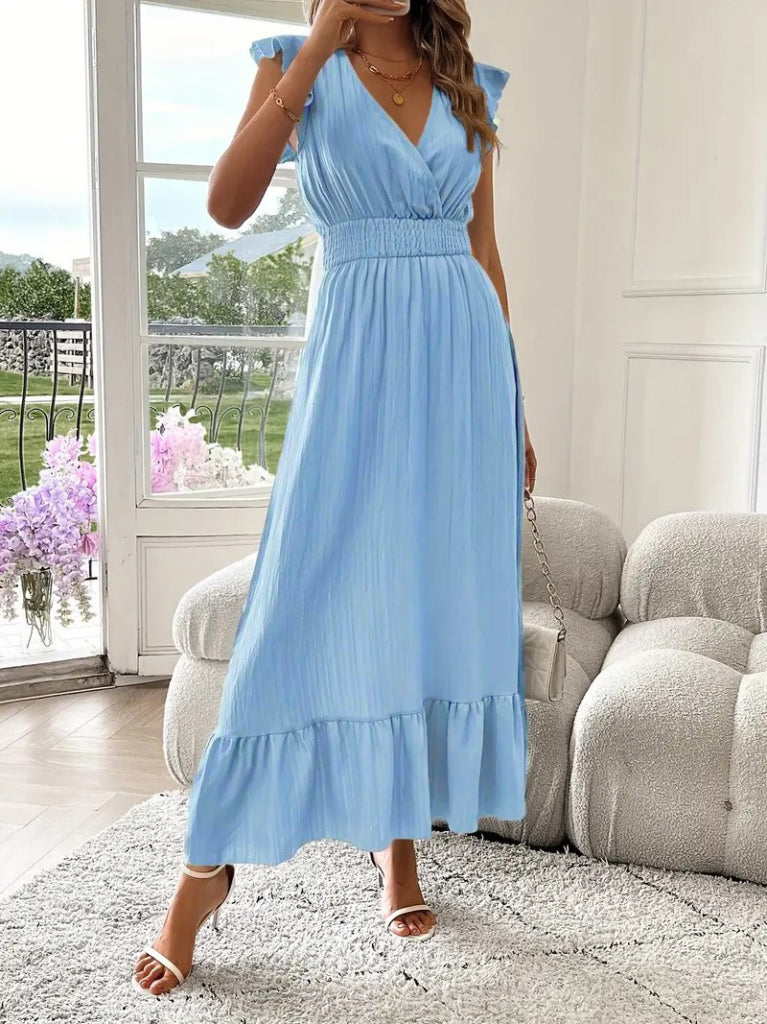 Women's Short Sleeve Wrap Neck Elasticated Waist Muslin Dress, 32644