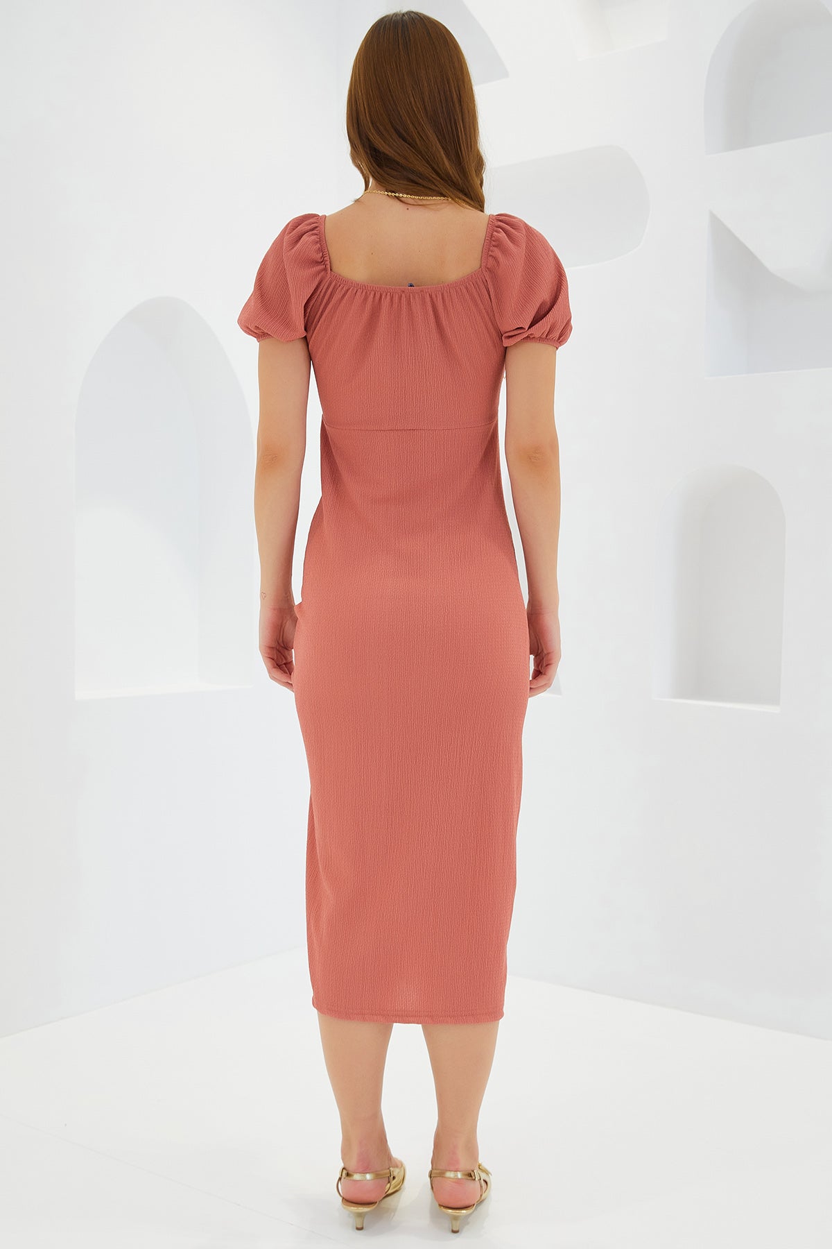 Rochie Tricot de Vară cu Spărtură Roz Praf Femei 2396