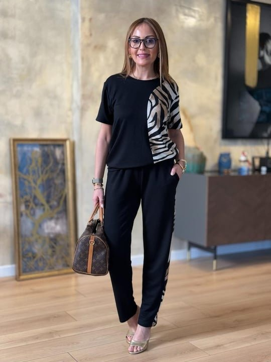 Set două piese bluză și pantaloni cu model leopard, cu mânecă scurtă și guler rotund, pentru femei, 33499