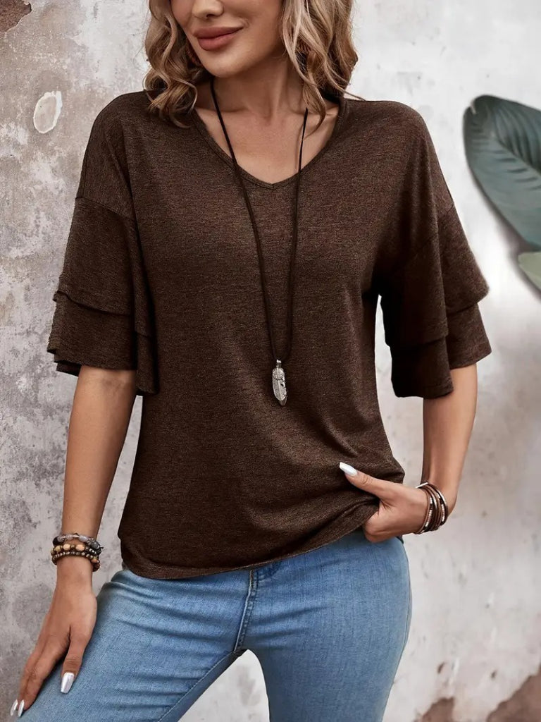 Kadın Kısa Kollu V Yakalı Viskon Bluz, 35663