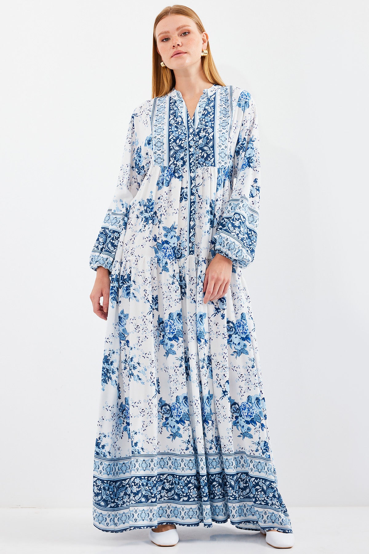 Rochie Musulmană Damă, Vâscoză, Albastră cu Alb, 2423