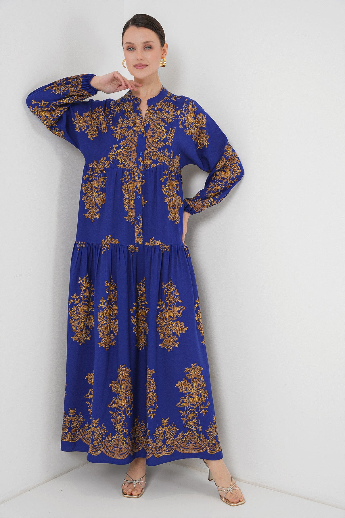 Saks Gold Desenli Tesettür Elbise 2423