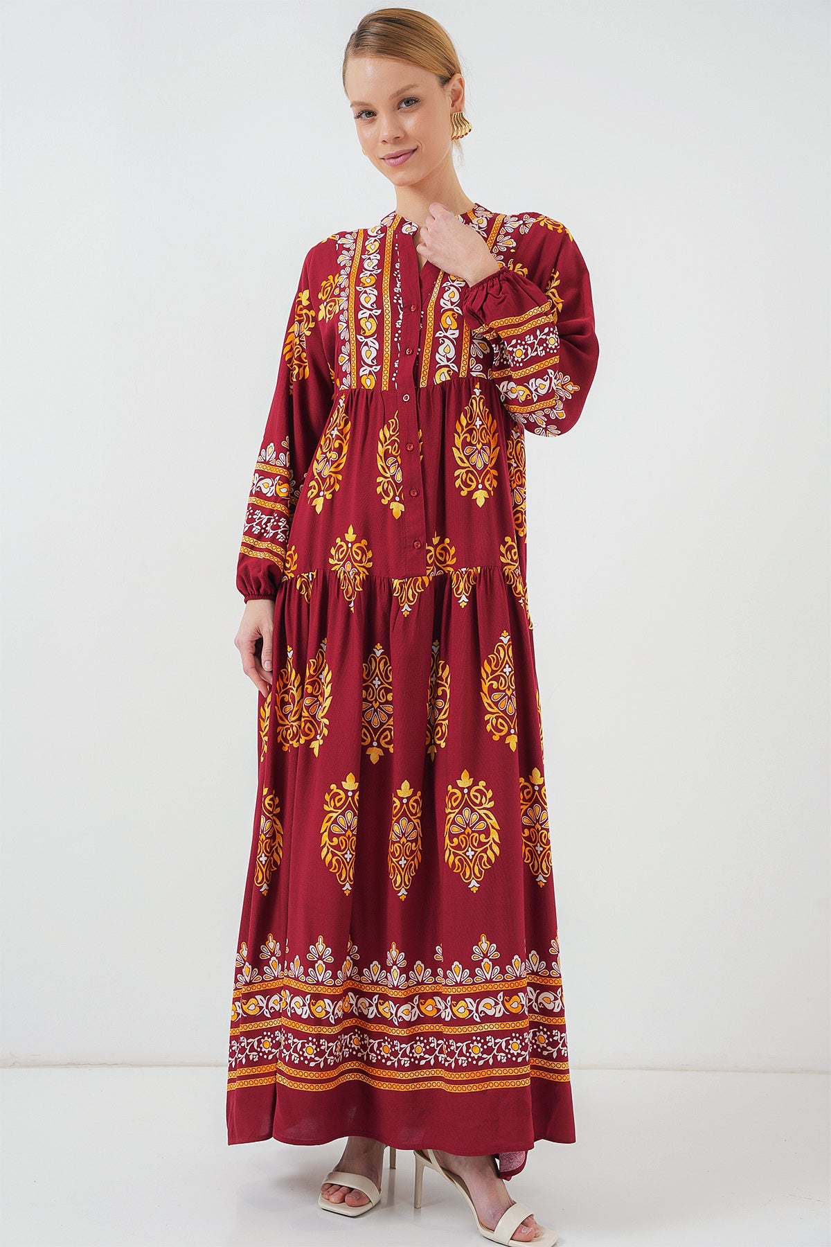 2423 Otantik Desenli Tesettür Elbise - E. Bordo