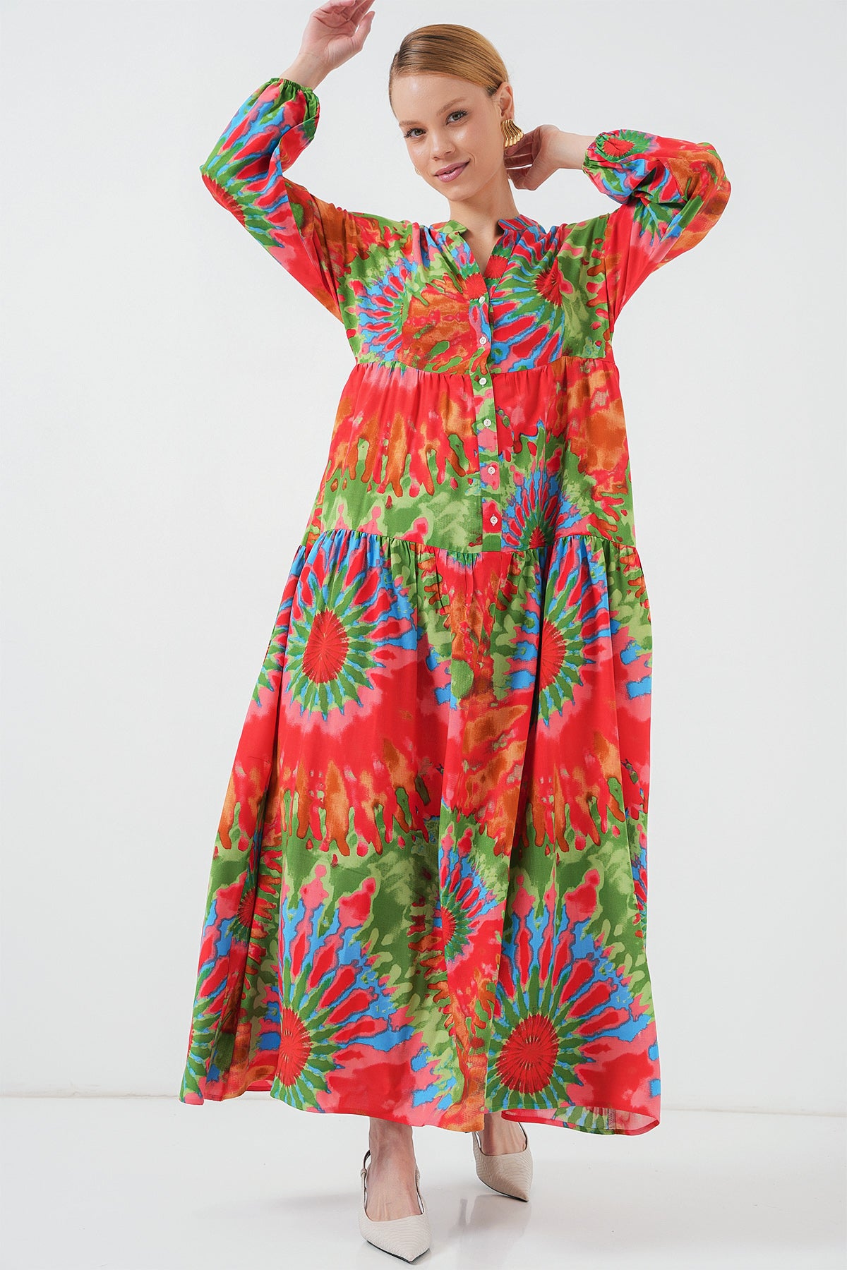 2423 Rochie modestă cu model autentic - Roșu L.