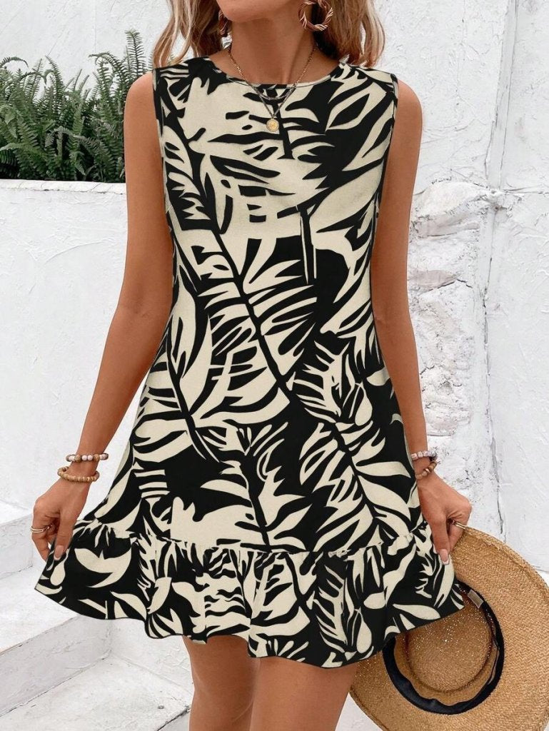 Rochie de damă Sofia, fără mâneci, cu guler rotund și model cu volane, 34324