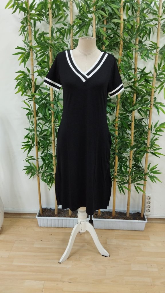 Rochie midi damă, cu mânecă scurtă, decolteu în V, detalii din rib în zona mânecilor și a decolteului, din viscoză, 37157