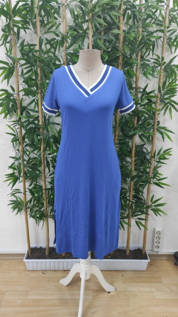 Women's Short Sleeve V-Neck and Rib Detail Midi Viscose Dress, 32837