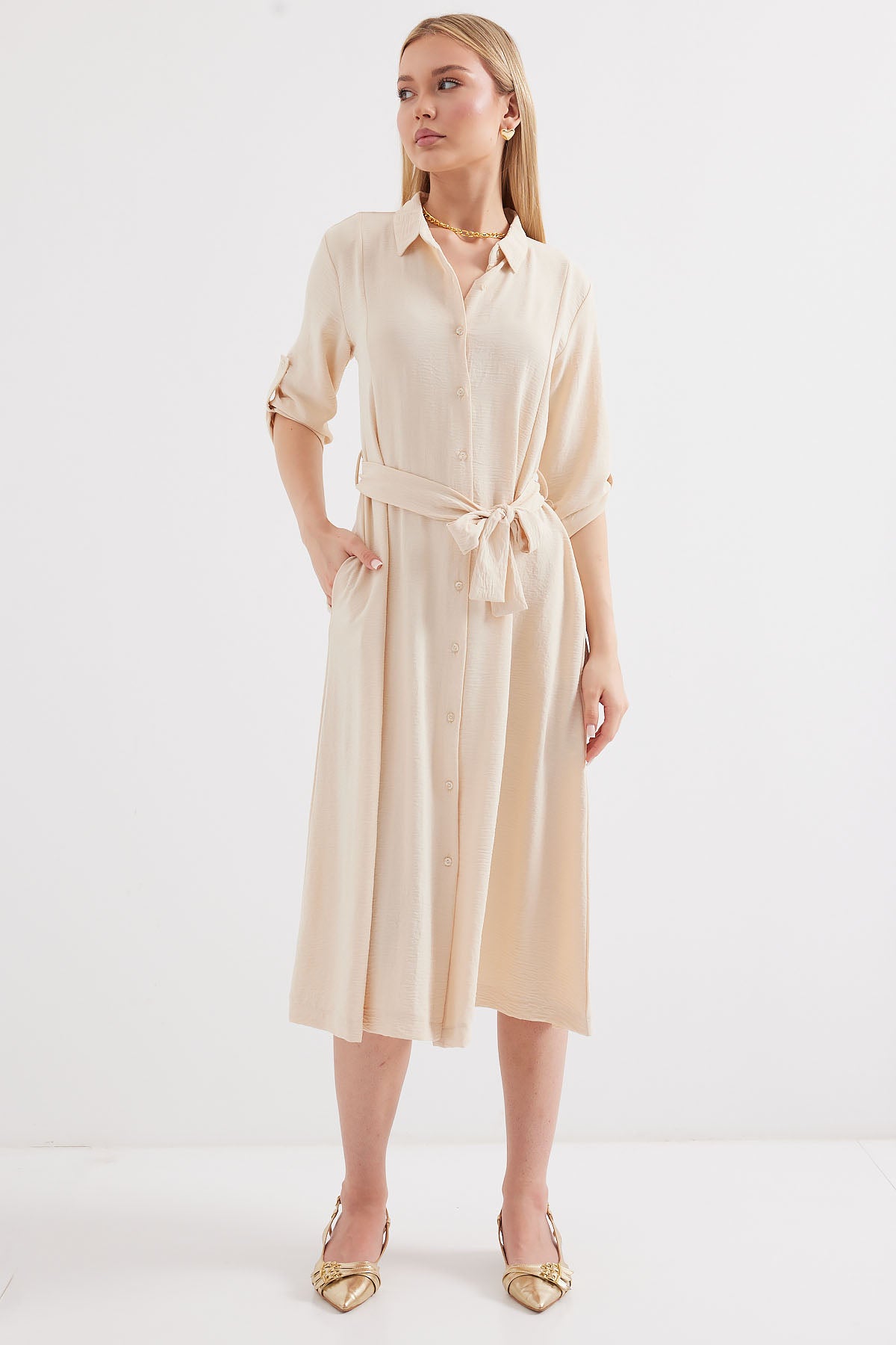 2442 Rochie-Cămașă cu Curea - Crem