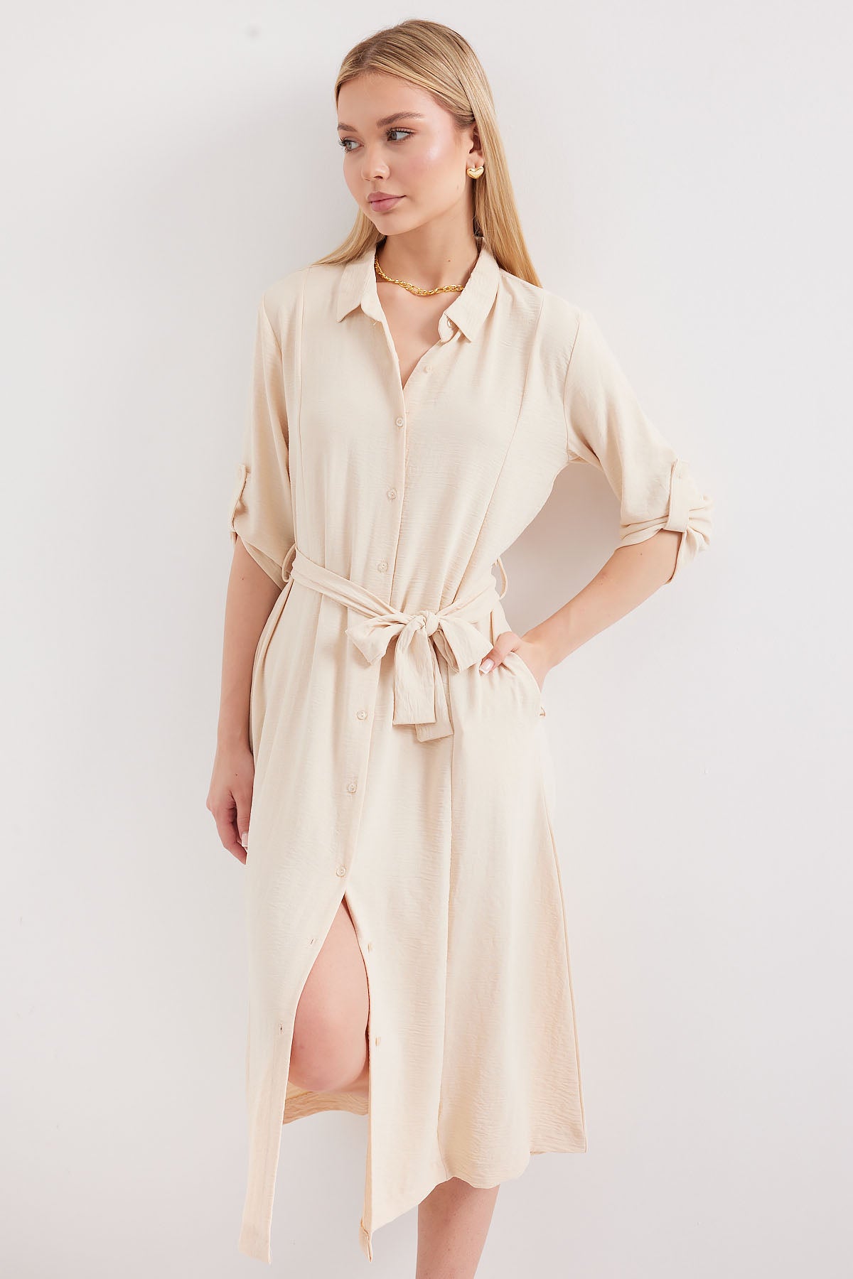 2442 Rochie-Cămașă cu Curea - Crem