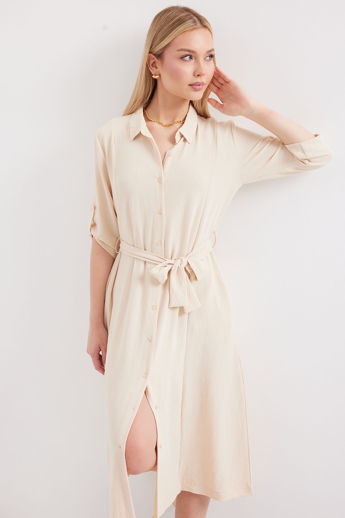 2442 Rochie-Cămașă cu Curea - Crem