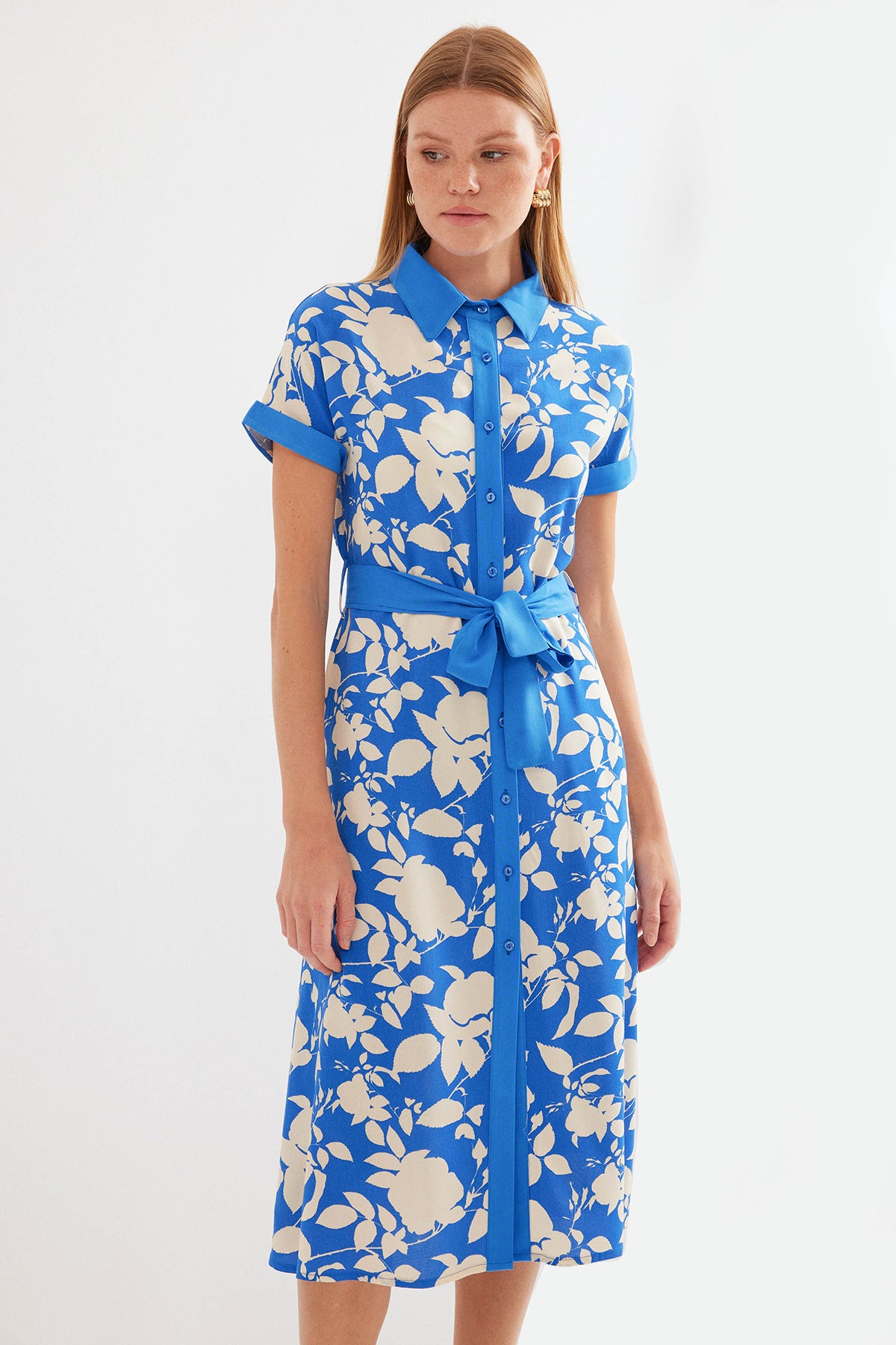 2455 Rochie Cămașă cu Model - Albastru