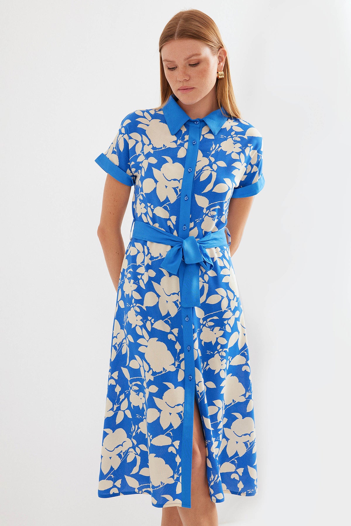 2455 Rochie Cămașă cu Model - Albastru