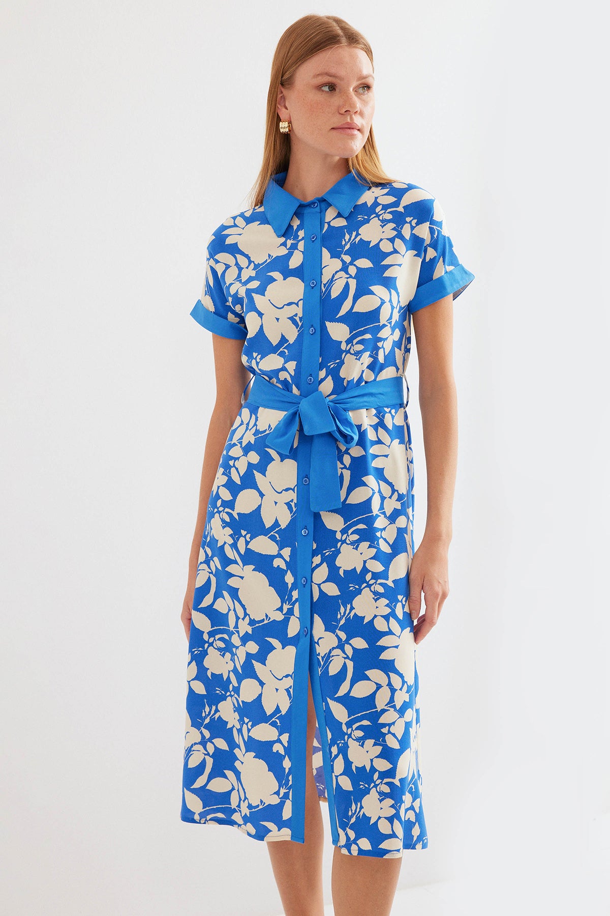 2455 Rochie Cămașă cu Model - Albastru