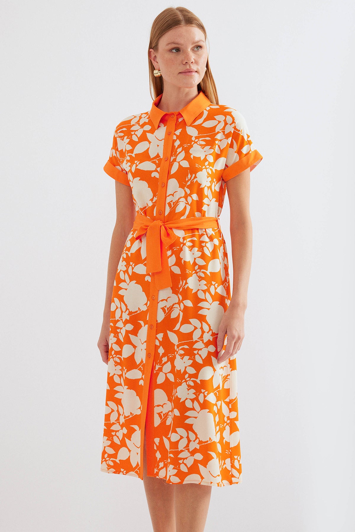 2455 Rochie Cămașă cu Model - Portocaliu
