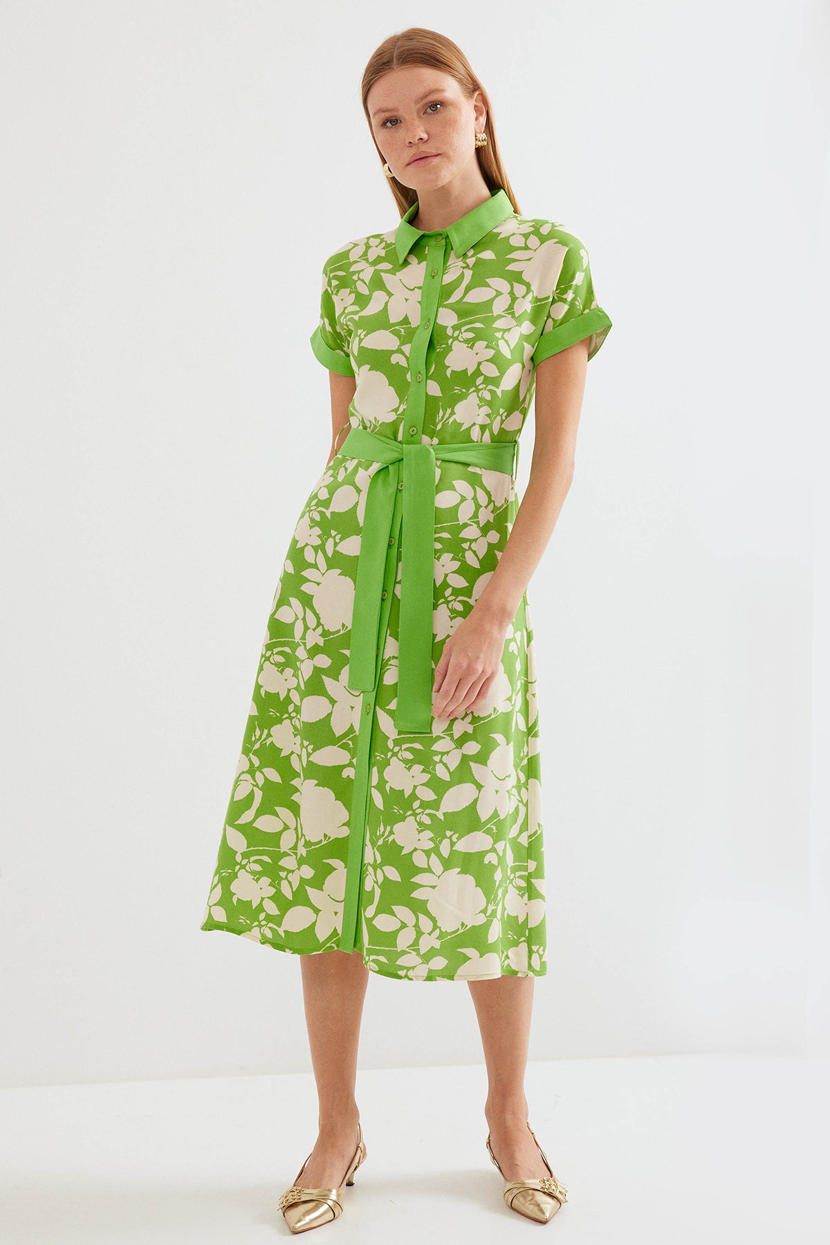 2455 Rochie Cămașă cu Model - Verde