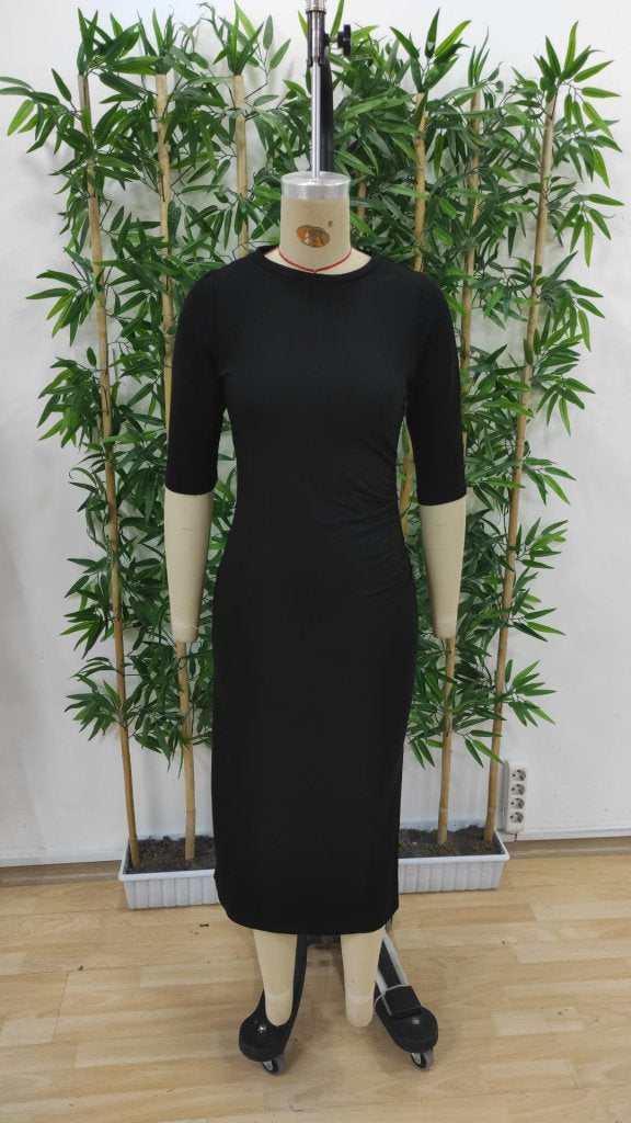 Women's Short Sleeve Crew Neck Side Slit Viscose Two-Yarn Dress, 33923
